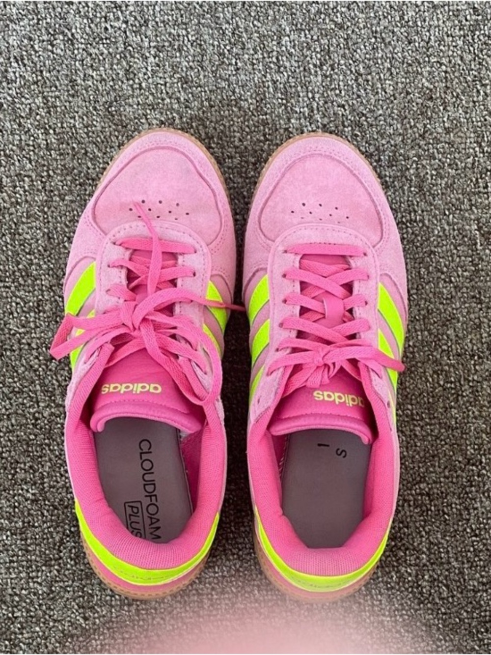 adidas Pink and Neon Yellow Women's Suede Sneakers - Picture 7 of 9
